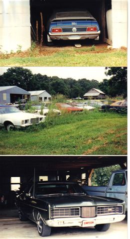1972 Ford Ranchero - A blue Ford Mustang from the early 1970s is parked inside a garage, with other vehicles visible in the background.