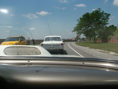 1972 Ford Ranchero - Driving behind a 1962 Ford Falcon sedan on a sunny day with a yellow car ahead.