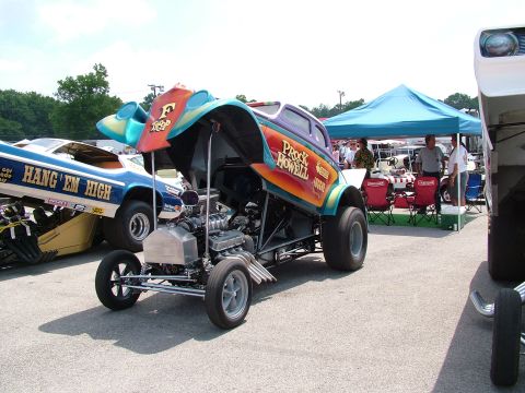 1972 Ford Ranchero - Custom drag car with "Prock Howell" livery and exposed engine at an outdoor event.