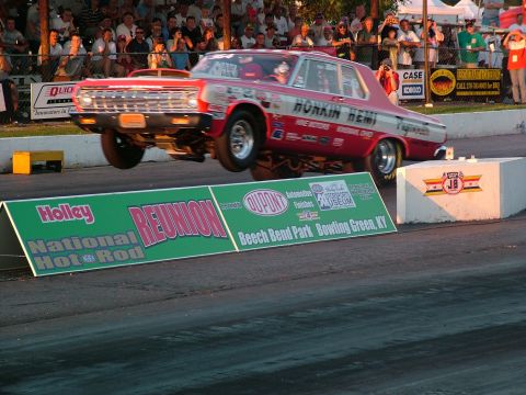 1972 Ford Ranchero - Drag racing car lifts its front wheels during a run at Beech Bend Park, Bowling Green, KY.