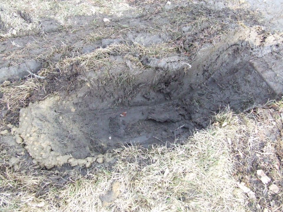 Muddy tire tracks in a ditch with dry grass