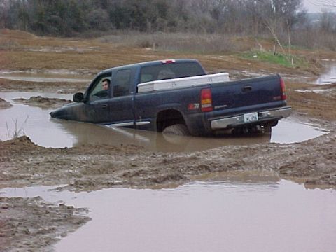 1978 Ford Bronco - A dark blue pickup truck is stuck in a muddy puddle, with a silver toolbox visible in the bed.