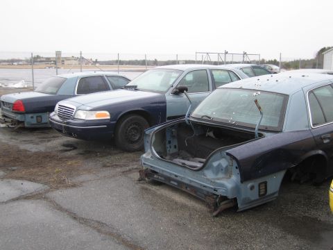 1991 Ford LTD Crown Victoria - Several Ford Crown Victorias are parked in a lot, appearing to be in a state of disrepair or salvage.