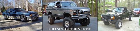 1986 Ford Bronco - A three-panel forum signature banner captioned 'APRIL 2007 — FULLSIZE OF THE MONTH', showing a dark Fox-body Mustang coupe with graphics on…