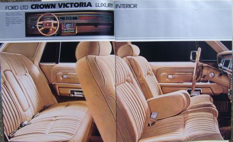 1982 Ford Crown Victoria LTD - Brochure image of the 1982 Ford LTD Crown Victoria's luxurious interior, tan velour seats and woodgrain accents.