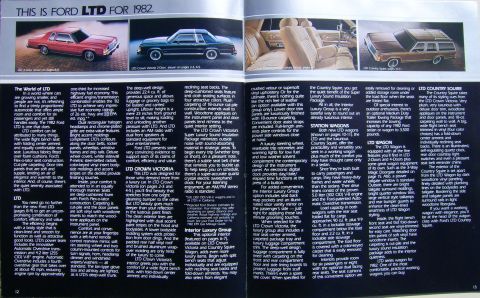 1982 Ford Crown Victoria LTD - This page from a 1982 Ford LTD brochure displays various models and interior features of the car line.