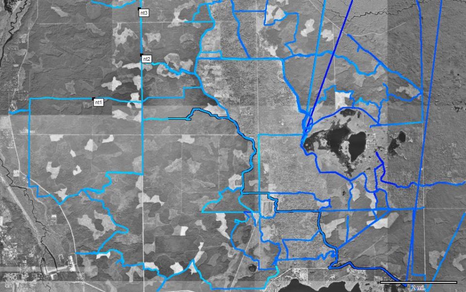 Aerial map with blue trail routes and waypoints nt1 through nt3
