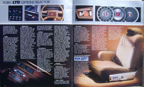 1982 Ford Crown Victoria LTD - This brochure page details options for the Ford LTD, including interior features and a plush seat.