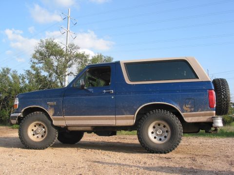 1996 Ford Bronco - This blue Ford Bronco is parked on a dirt road under a partly cloudy sky.
