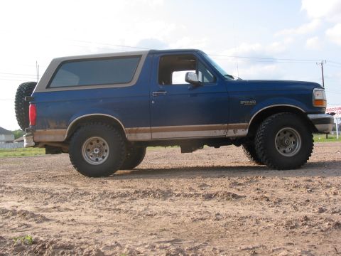 1996 Ford Bronco - Side view of a blue 1996 Ford Bronco with a spare tire mounted on the back.