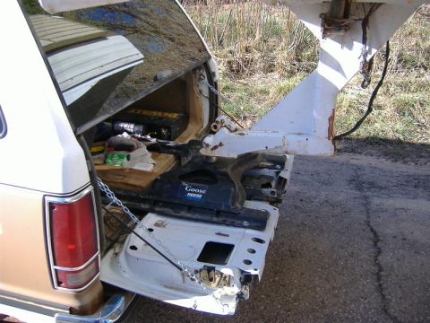 1968 Ford Mustang - Vehicle tailgate open, revealing a Goose Reese trailer hitch and tools inside.