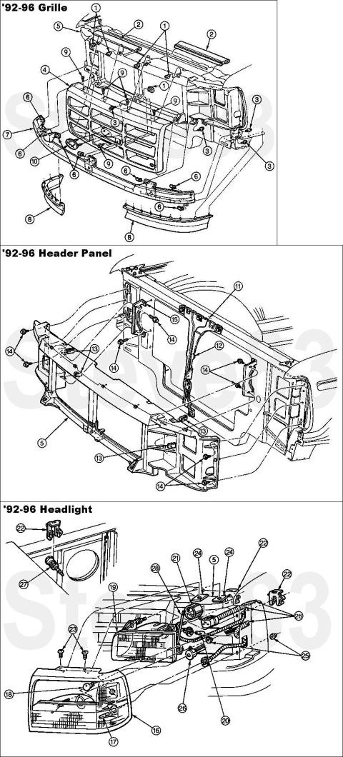 1983 Ford Bronco - '92-96 Grille IF THE IMAGE IS TOO SMALL, click it. 1 U-Nut (5 Req'd) N806851-S100 (#8 sheet metal) 2 Radiator Air Deflector F2TB8326AA (con…