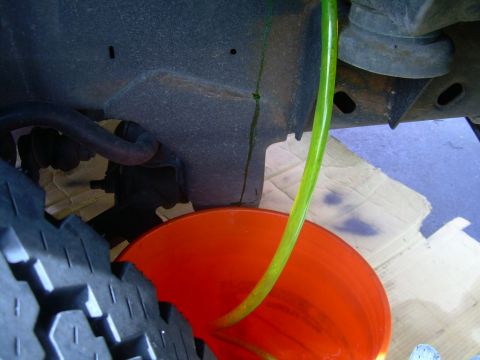 1997 Ford F-150 - Coolant is being drained into a bucket from a hose connected to the vehicle's undercarriage.
