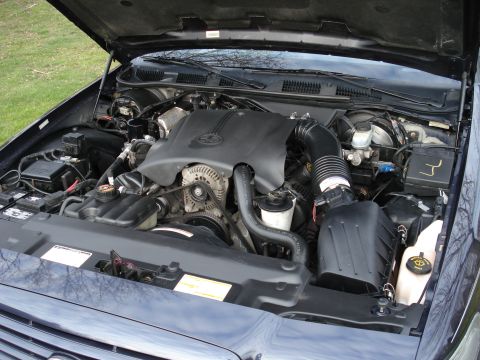 2000 Ford Crown Victoria - Detailed engine bay of a dark blue Ford sedan with the hood raised, showing the modular V8's black plastic engine cover with Ford oval, the…