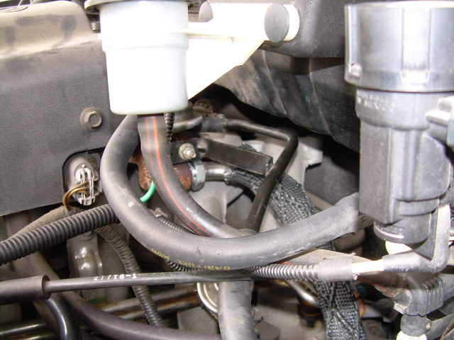 Close-up of engine hoses and connectors, including a white plastic reservoir