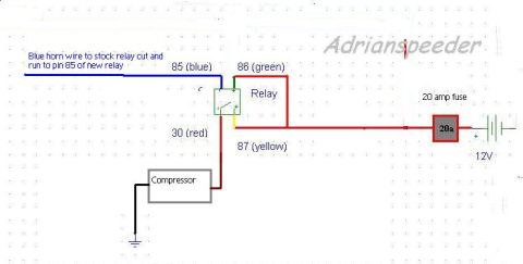 1988 Ford Bronco - Wiring diagram showing an air-horn compressor wired through a relay with color-coded pins and a 20-amp fuse to 12V.