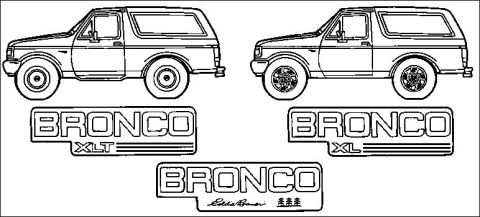 1990 Ford Bronco - Line art shows two Ford Bronco side profiles and various trim level badges, including XLT, XL, and Eddie Bauer editions.
