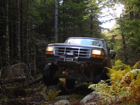 1996 Ford Bronco - This 1996 Ford Bronco navigates a challenging off-road path through a dense forest.