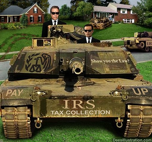 Photoshopped joke image of an IRS Tax Collection tank on a suburban lawn