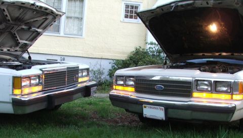 1991 Ford Crown Victoria LTD - Two Ford Crown Victorias from the late 1980s are parked outside with their hoods open, revealing their engines.
