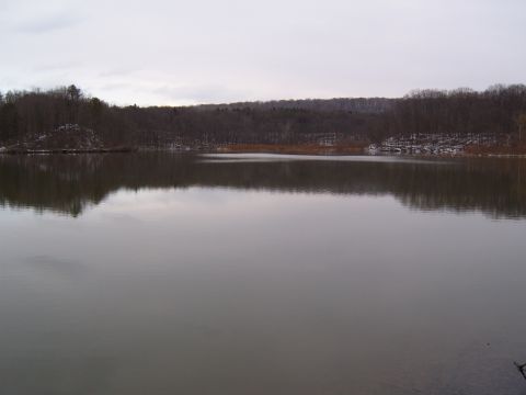 1993 Ford Bronco - A wide shot of a lake with reflections of trees and a cloudy sky.
