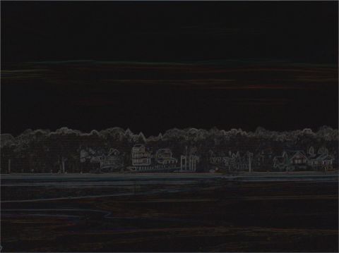 1992 Nissan 240SX - A row of houses lines the waterfront, backed by trees under a dark, cloudy sky.