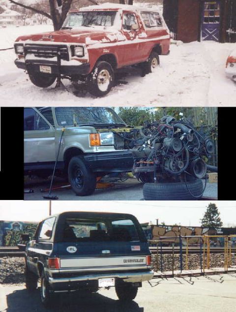 1979 Ford Bronco - A red 1979 Ford Bronco sits covered in snow, viewed from the front three-quarter angle.