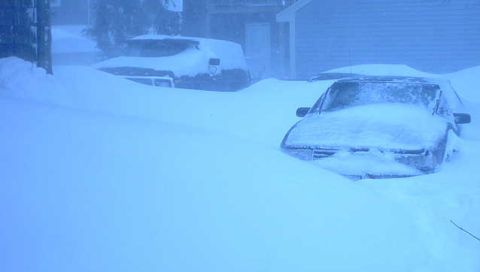 1979 Ford Bronco - Heavy snowfall has buried multiple vehicles, leaving only parts of them visible above the snow.