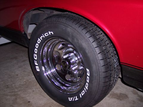 1972 Ford Ranchero - Close-up of a BFGoodrich Radial T/A tire mounted on a chrome wheel.
