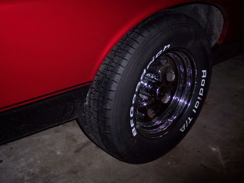 1972 Ford Ranchero - The tire has white lettering indicating BFGoodrich Radial T/A, mounted on a chrome rim.