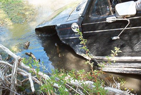 1986 Ford Bronco - This 1986 Ford Bronco is seen partially submerged in a body of water, with vegetation growing around it.