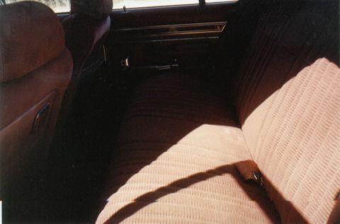 1986 Ford Crown Victoria LTD - The interior of a car is shown, patterned cloth seats and a dark door panel with chrome accents.