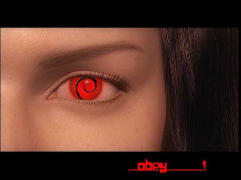 1979 Ford Bronco - A close-up of a person's eye with a red iris and a black spiral pattern, accompanied by the word 'obey!'.