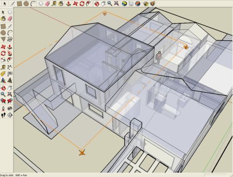 1990 Ford Bronco - A wireframe 3D model displays a house's interior, including rooms and furniture, with transparent exterior walls.