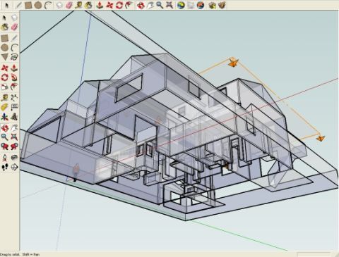 1990 Ford Bronco - A 3D model of a house is displayed in SketchUp software, showing its internal and external structure.