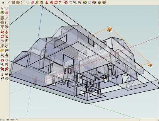 SketchUp 3D wireframe model of a house structure