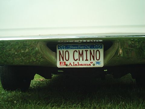 1975 Ford Ranchero - Rear view of a vehicle showing an Alabama license plate with custom text.