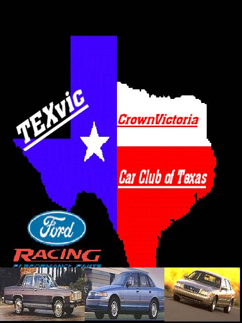 1986 Ford Crown Victoria LTD - A graphic for a Texas car club features the state outline and logos, with three different cars displayed.