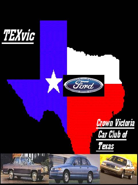 1986 Ford Crown Victoria LTD - A graphic promoting the Crown Victoria Car Club of Texas, the state map and several Ford vehicles.