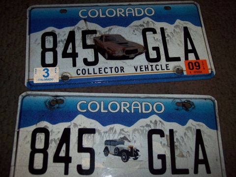 1972 Ford Ranchero - Two Colorado license plates are shown, one a graphic of a 1970s era car and the other an older model automobile.
