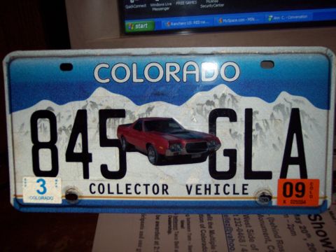 1972 Ford Ranchero - Colorado license plate with a graphic of a red car and collector vehicle designation.