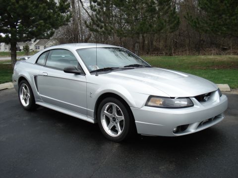 1998 Ford Taurus - This silver Ford Mustang is parked on a dark asphalt surface with trees and houses visible in the background.