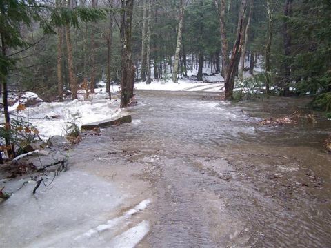 1966 Land Rover Discovery - A forest road is flooded and partially covered in ice and snow, with trees lining the banks.