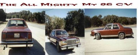 1986 Ford Crown Victoria LTD - Three views of a brown 1986 Ford Crown Victoria LTD sedan, showing the rear, front, and side profiles.