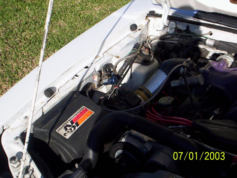 Engine bay showing K&N air filter box, hoses, and wiring. Date stamp reads 07/01/2003