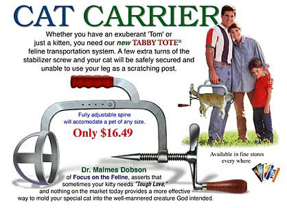 1989 Ford Bronco - Advertisement for a "Tabby Tote" cat carrier, a family and a product demonstration.