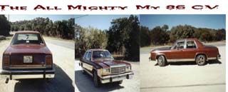 1986 Ford LTD Crown Victoria - Three views of a brown 1986 Ford Crown Victoria LTD sedan, showing the rear, front-side, and side profiles.