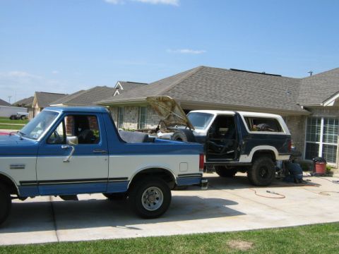 1986 Ford Bronco - Two Ford trucks, a pickup and a Bronco, are parked in a driveway with the Bronco's hood open.