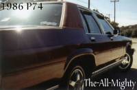 1986 Ford LTD Crown Victoria - This 1986 Ford P74 sedan is shown from the rear quarter angle, with text overlays on the image.