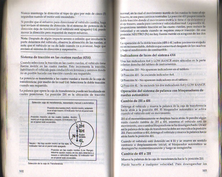 Spanish Ford owner's manual pages 102-103 on 4x4 with transfer case shift pattern 2H, 4H, N, 4L